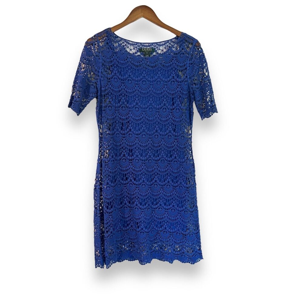 Lauren Ralph Lauren PS Blue Lace Dress Petite Small Short Sleeve Sheath Crochet
